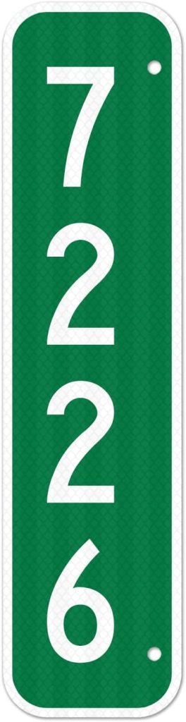 A vertical green sign displays the numbers 7, 2, 2, and 6 in white, arranged from top to bottom.