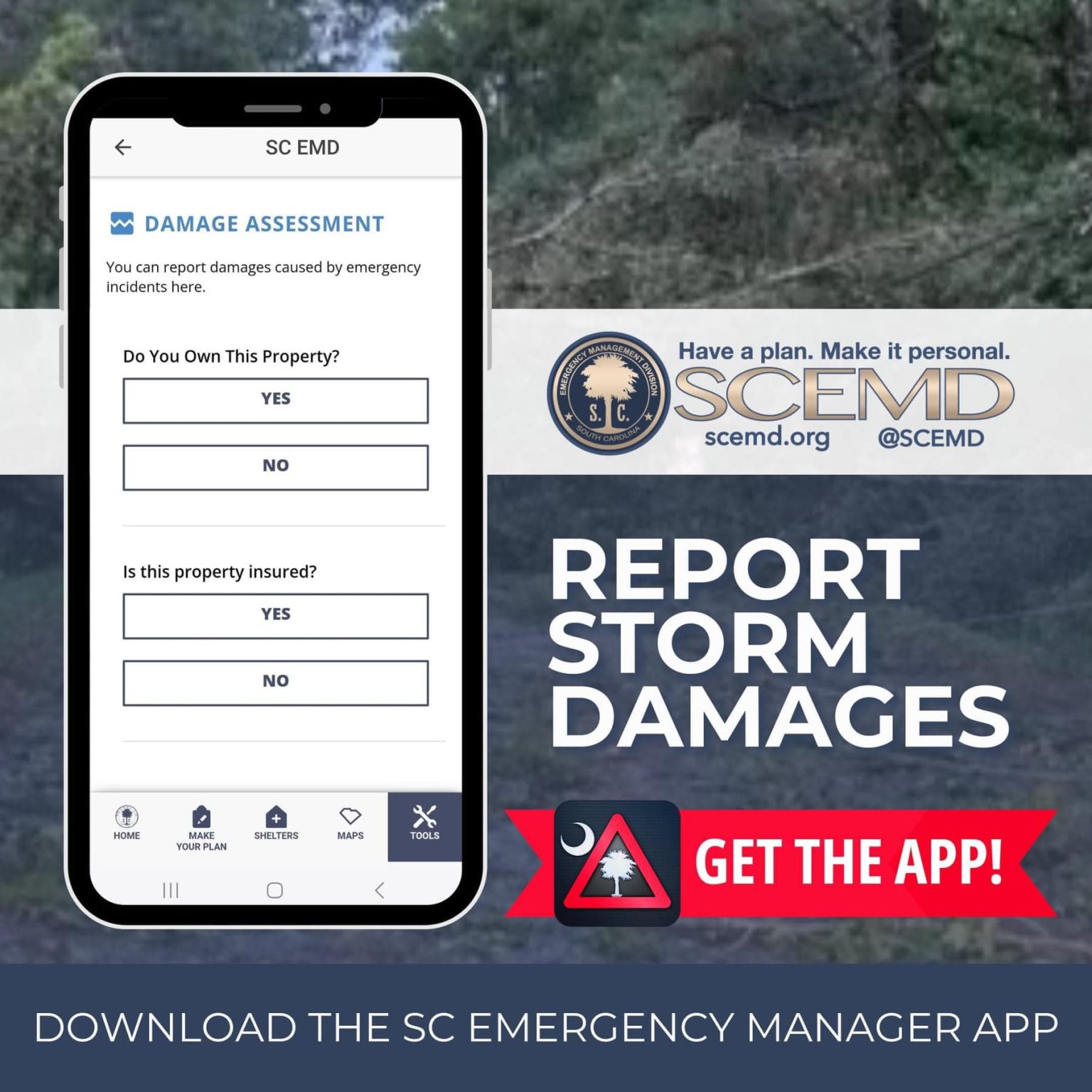 Mobile phone displaying a damage assessment screen from the SC Emergency Manager app. Text encourages reporting storm damages and downloading the app. South Carolina Emergency Management Division logo and contact information are shown.