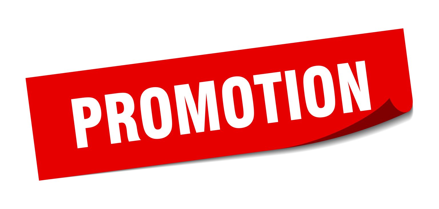 A bold red banner with the white text "PROMOTION" written across it, featuring a slight curled edge on the bottom right corner for a dynamic effect.