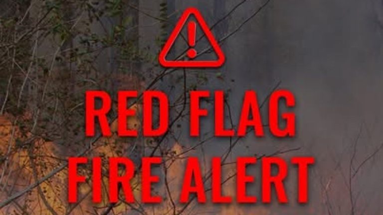 A warning sign with an exclamation mark is above the bold red text "Red Flag Fire Alert," against a backdrop of smoke and flames with tree branches visible.