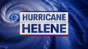 A swirling hurricane is shown from above with the eye clearly visible. The words "HURRICANE HELENE" are displayed in bold letters across the center of the image.