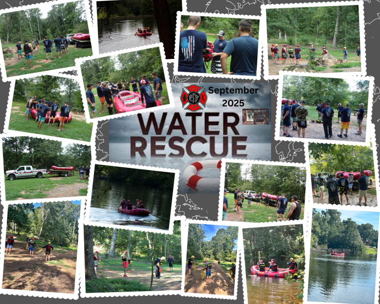 Collage of firefighters practicing water rescue in September 2025, featuring teams carrying rafts, entering the water, and using safety gear in a wooded outdoor setting. Central text reads "WATER RESCUE September 2025.